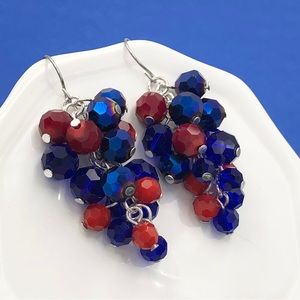 🌼 Red and Blue Glass Bead Cluster Dangle Earrings